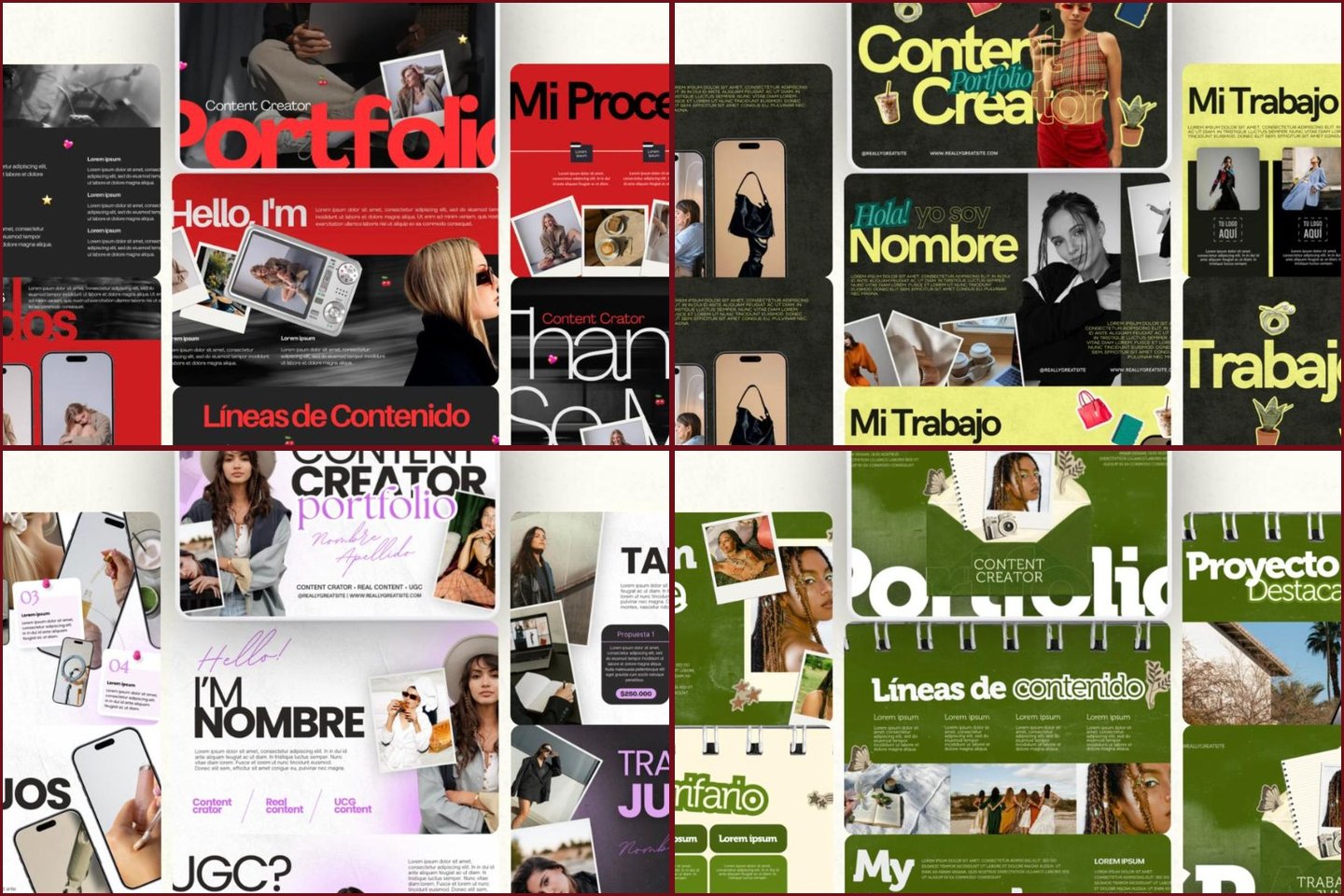 Four Content Creator and UGC portfolio templates for Canva